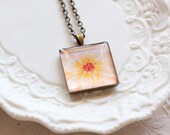 wearable art,antique bronze pendant necklace,pendant photo,pink flower pendant,square pendant photo necklace,pink and green