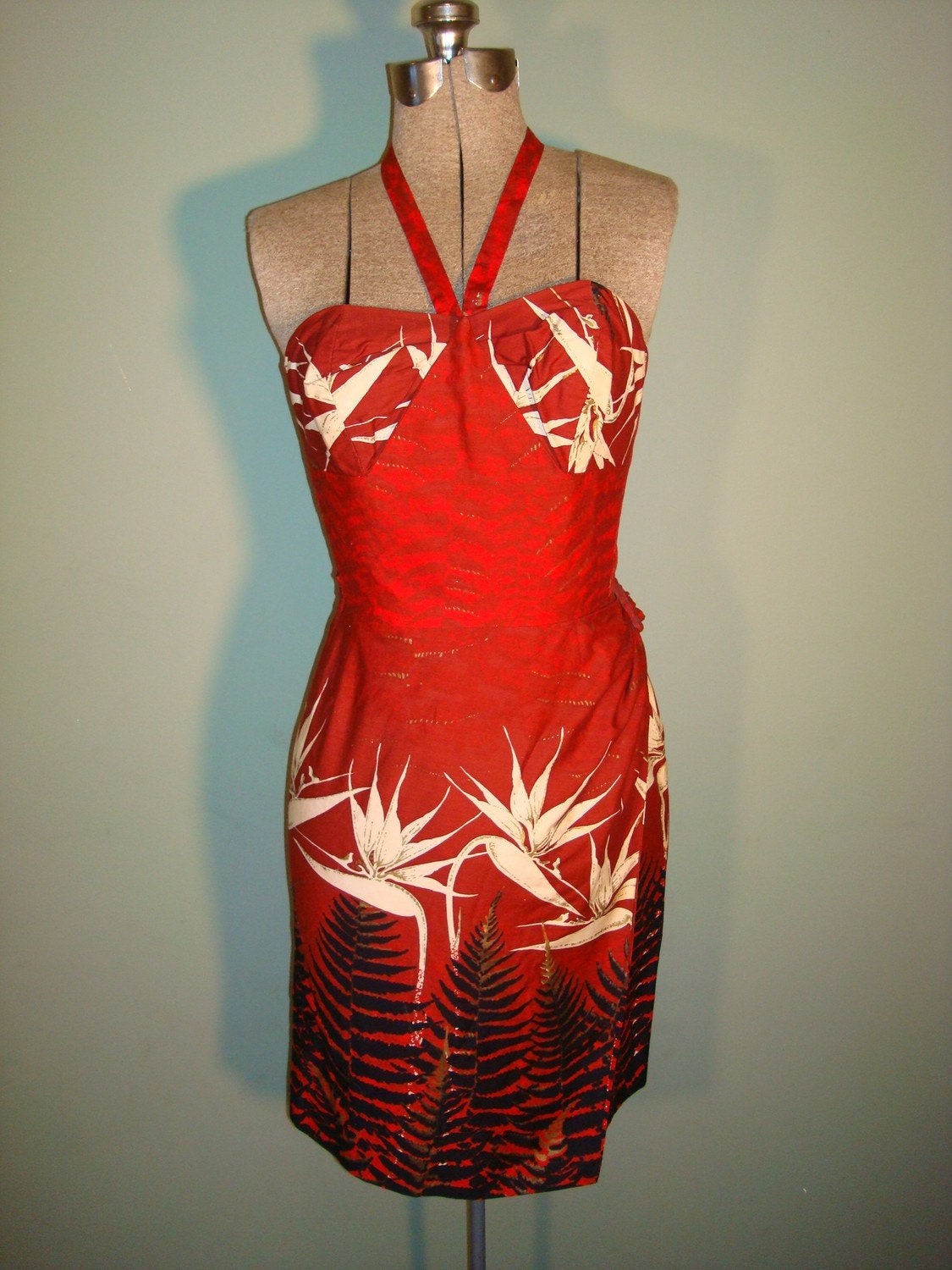 Pls. Do Not Buy- 1950s Vintage -Radiant In Red - Alfred Shaheen Shelf-Bust Hawaiian Halter Sarong Wiggle Dress