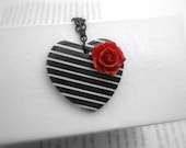 Black and white, stripes, heart, red rose, necklace.