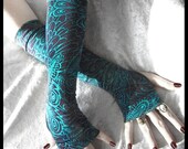 Plume de Lune Arm Warmers - Blue Black w/ Teal Peacock Feather Soft Modal - Yoga Gothic Dark Tribal Goth Classic Gypsy Light Cycling Hooping