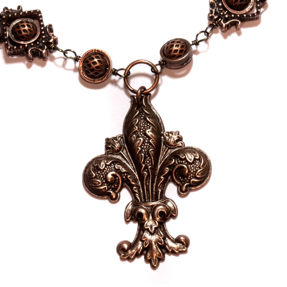 Steampunk Jewelry - Necklace - Copper Tone Fleur de Lis - Designs Exclusively by CatherinetteRings