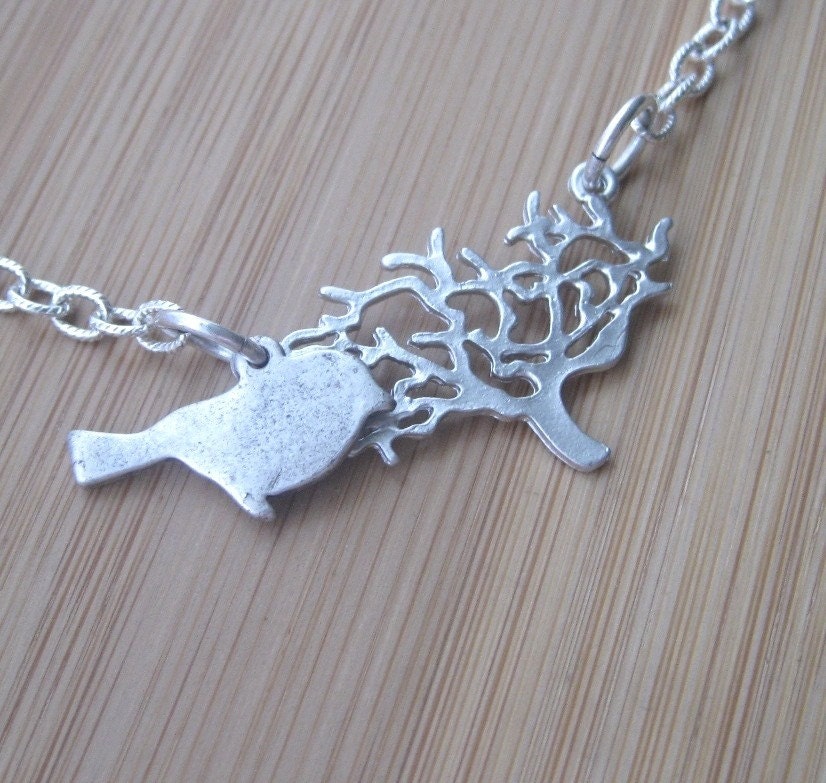 Bird Necklace - Bird on a Tree Necklace - Put A Bird and A Tree On It Silver Necklace Handmade by marleyjanedotcom on Etsy