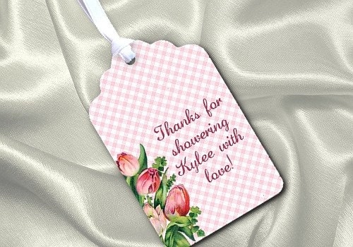 Favor, Gift Tag, Wedding, Bridal Shower, Baby Shower, Tea, Luncheon, Birthday, Pink, Gingham, Checks, Tulips, Personalized, Set of 12 Il_170x135