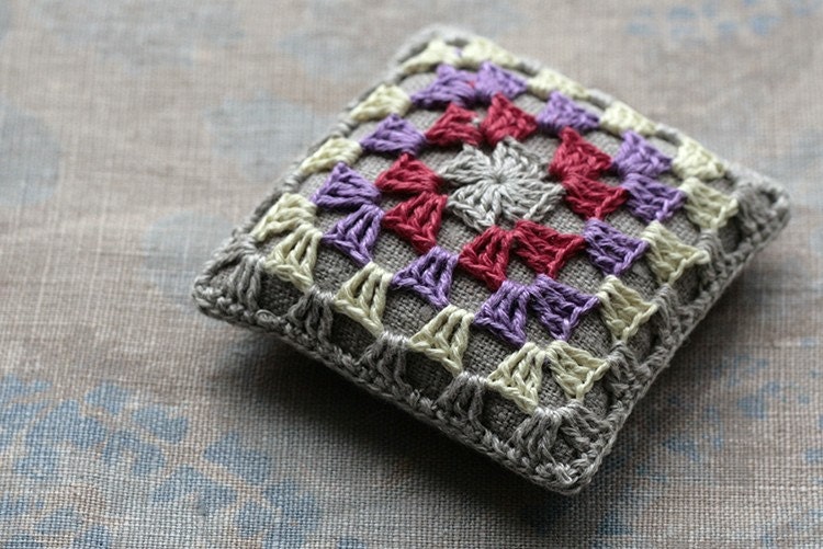 Linen  pincushion - crochet motif