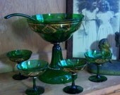 Gold Trimmed Green Glass Punch Bowl Stemware Ladle