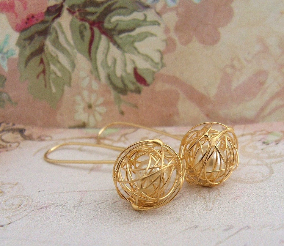 Golden Earrings - Pearl in a Wire Cage - 4 pairs