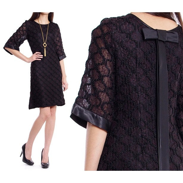 Vintage Lace Dress Sheer Black Embroidered Bow Shift Cocktail Party 50s 60s - M