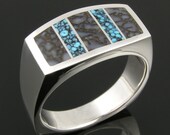 Dinosaur bone ring with spiderweb turquoise in sterling silver