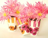 Set of 3 Hand Painted Flower Pots - Bright Pink and Orange Gerbera Daisies, Butterflies - Summer Wedding Party Decoration