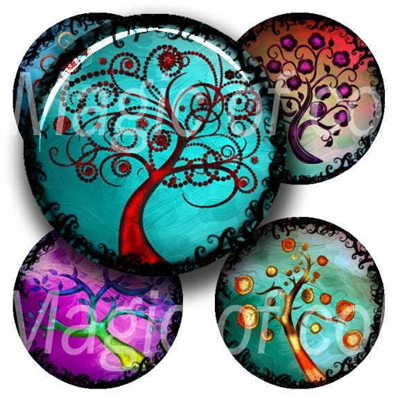 Stylized Curl Colourful Trees - 63 1 Inch Circle JPG images - Digital Collage Sheet