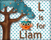Personalized Name Nursery Owl Art Gift Print for Baby Boy or Baby Shower