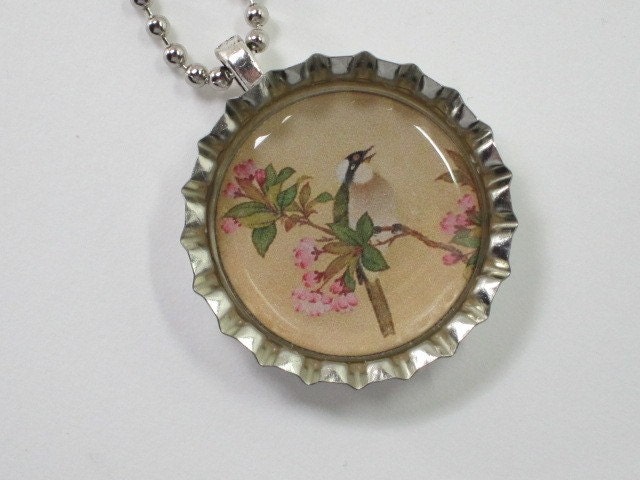 Bottlecap Necklace - Asian Style Bird and Blossom
