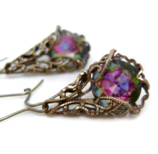 Filigree earrings artisan crafted Victorian style baubles, Vitrail