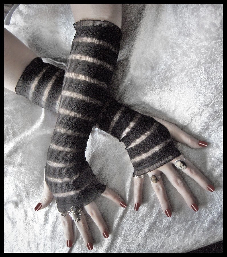 Ophelia Lace Arm Warmers - Black Fine Mesh Fishnet - Floral Stripes - Gothic Vampire Fetish Dark Tribal Bellydance Caberet Mourning Emo Goth