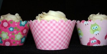 Owl Cupcake Wrappers in Pink for Girl Birthday Party Baby Shower