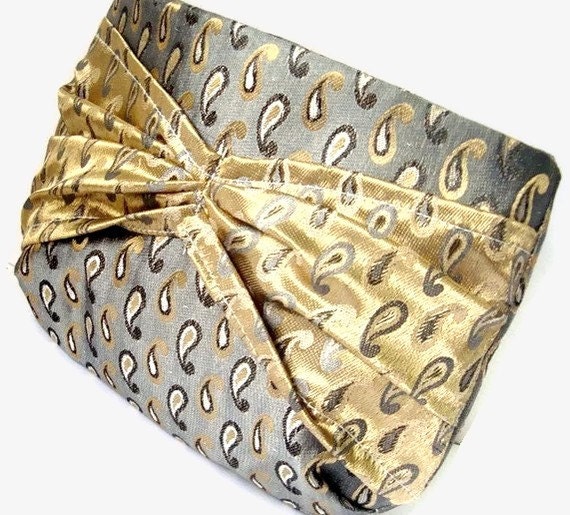 Brocade Clutch Purse Gray Gold Paisley Bow
