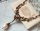 Cream Swarovski Teardrop Pearl Necklace Vintage Style, Neo Victorian Antiqued Brass Bronze, White