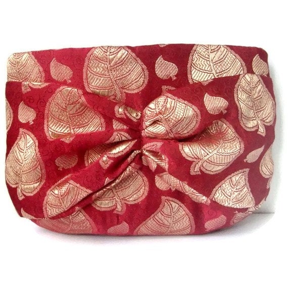 Brocade Clutch Bag Garnet Red Gold Bow