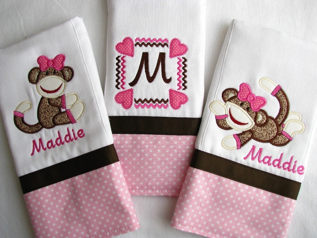 Boutique Style SOCK MONKEY Burp Cloths - Personalized Burp Cloths - Appliqued - Embroidered - Monogrammed - Pink and Brown