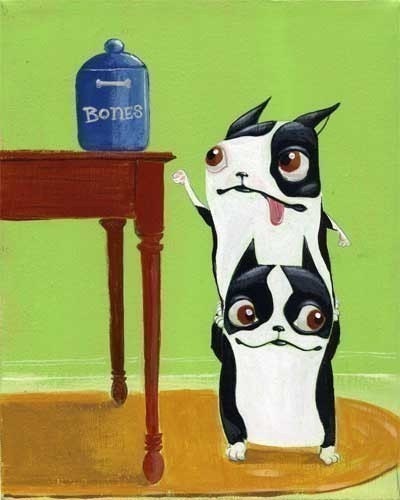 Boston terrier thieves trying to get some bones 11 x 14