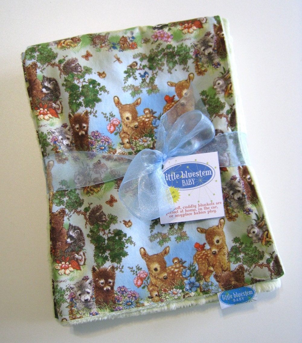 Woodland Creatures baby blanket with pale green minkee dot