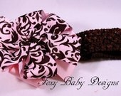 Pink and Brown Damask Bow with Headband