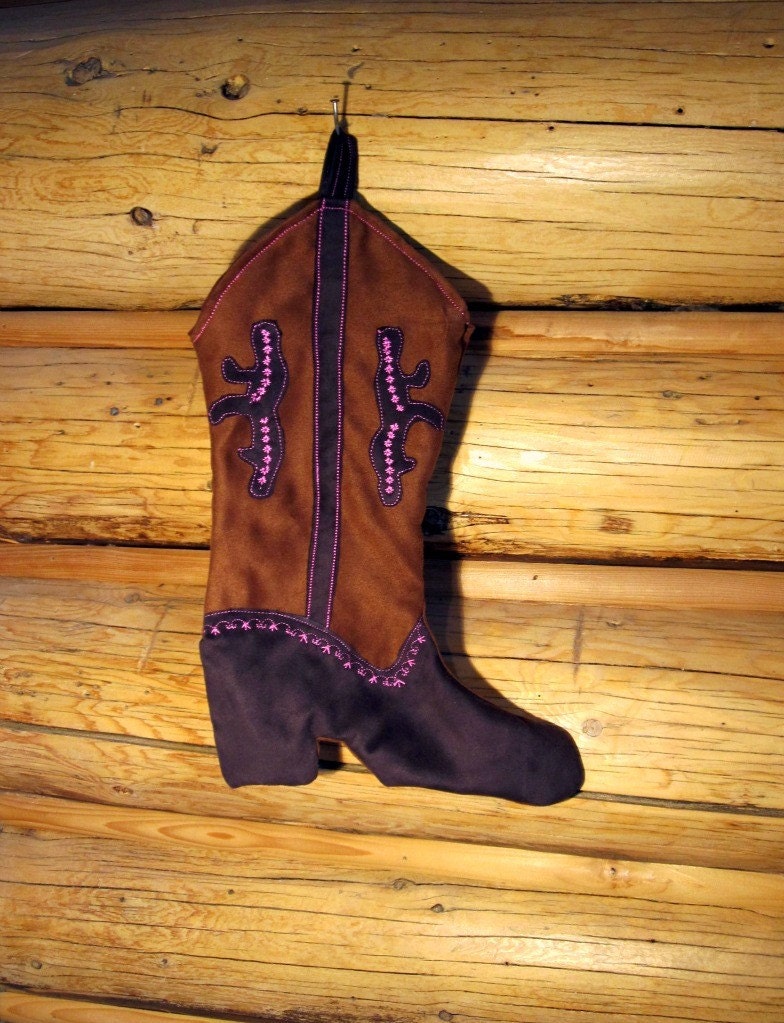 Cowboy Boot Christmas Stocking-Pink Embroidered Designs-Cowgirls at heart-Handmade by CreationzbyCatherine