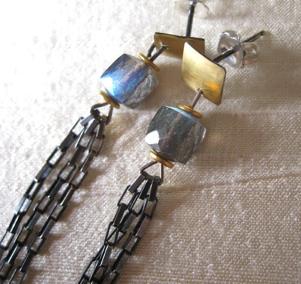 Tassel Earrings Square Gold Labradorite Sterling 22K
