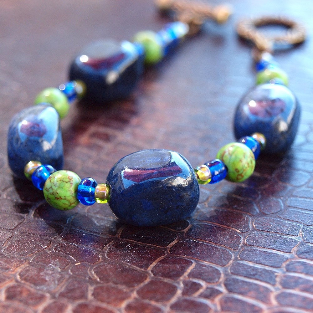 Natural Dumortierite and Green Turquoise Bracelet