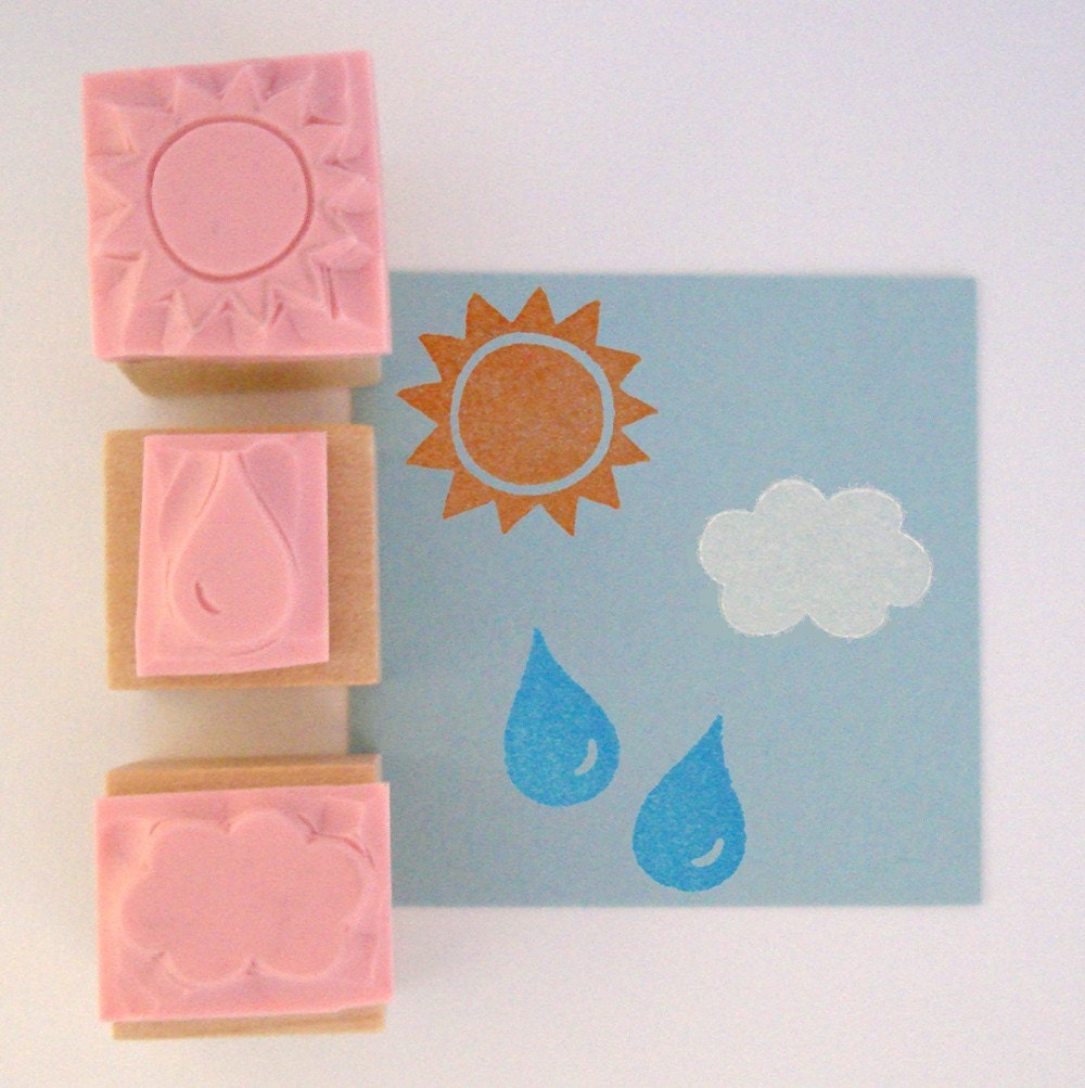 MINI Sun Cloud Raindrop Hand Carved Rubber Stamp Set