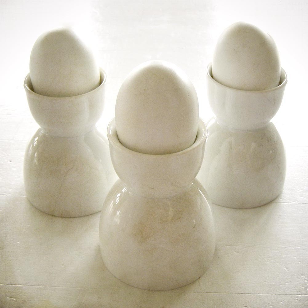 3 Vintage Egg Cups with Wooden Eggs Creamy Shabby White