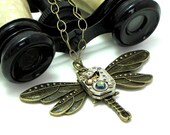 Steampunk in Flight Dragon Fly Necklace Neo Victorian Vintage Swarovski Long Designed by Mystic Pieces