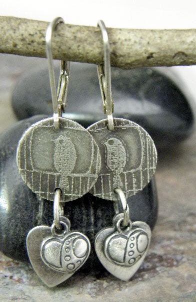 Love Birds, Etched, Antiqued Sterling Silver and charms, ThePurpleLilyDesigns