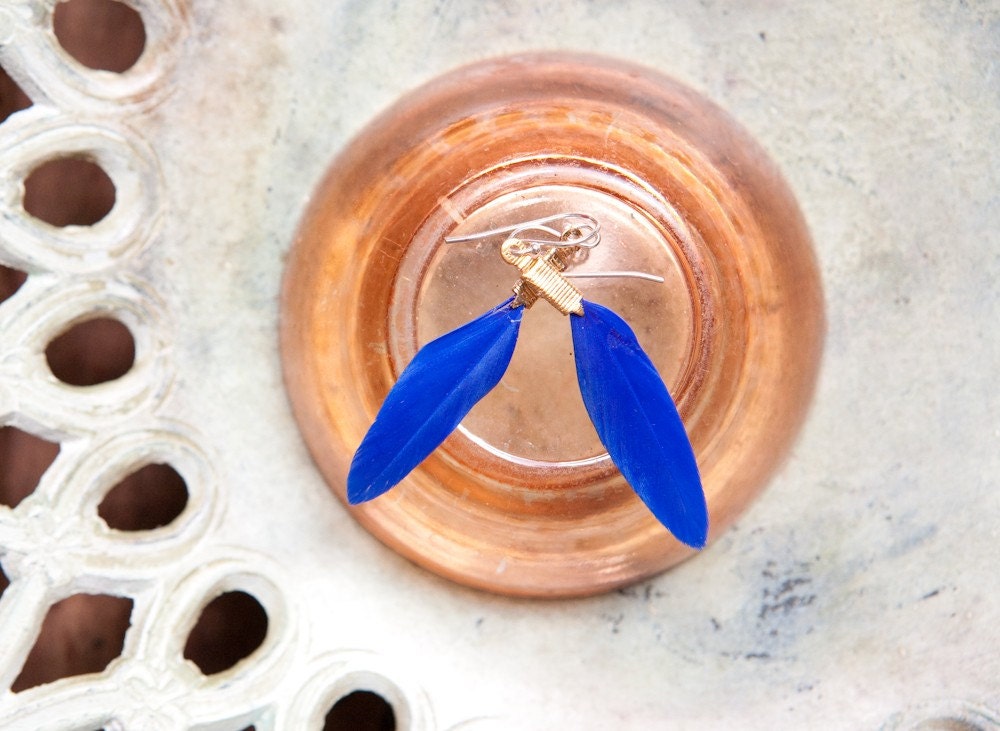 small colbalt blue feather earrings