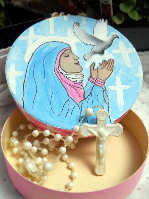 Mary's  Easter Peace Rosary Box with Vintage Rosary