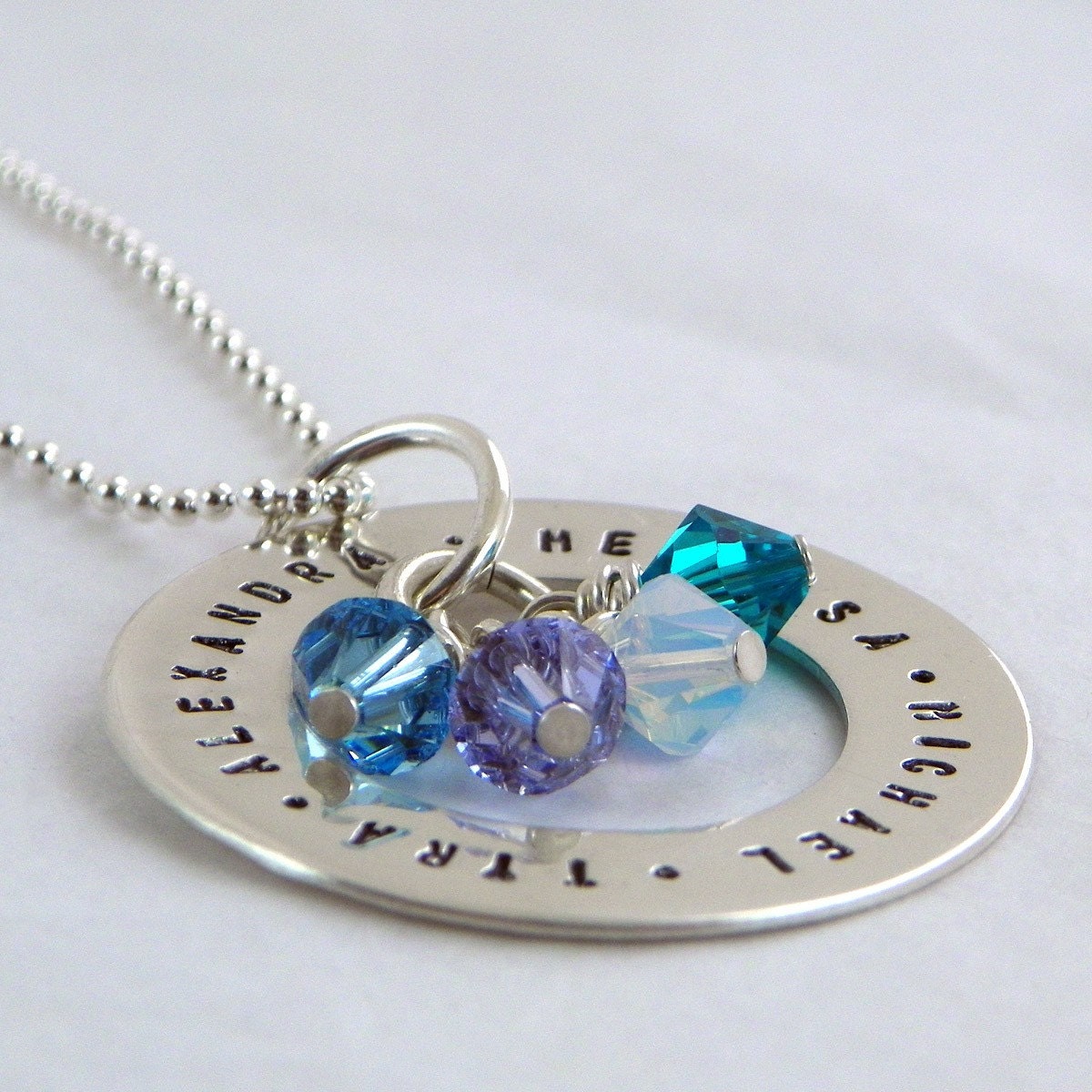 Love Circle hand stamped and personalized sterling silver necklace with crystals (gothic font)