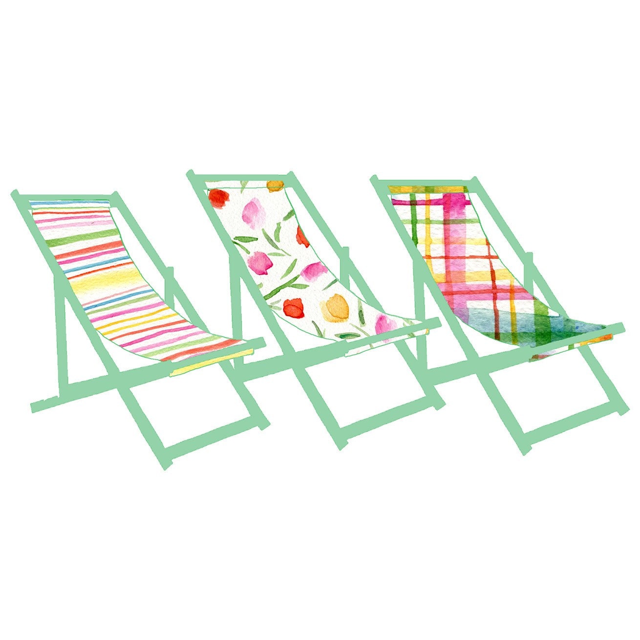 The Deck Trio art print of 3  fun colorful deck chairs , limited edition shabby chic, summer, beach, marine, coast, nautical