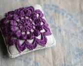 Linen  pincushion - crochet motif