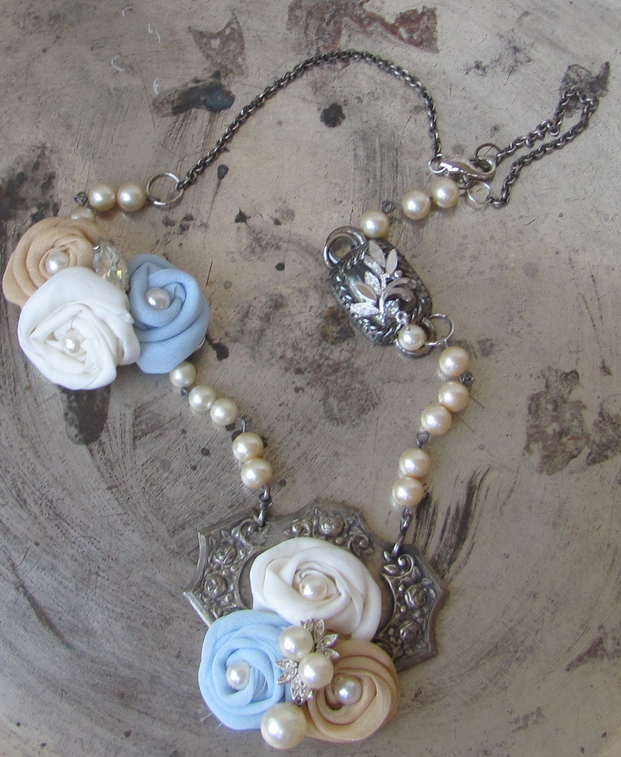 Vintage Assemblage Necklace With Rhinestone and Fabric Flowers  by My Broken Art on Etsy