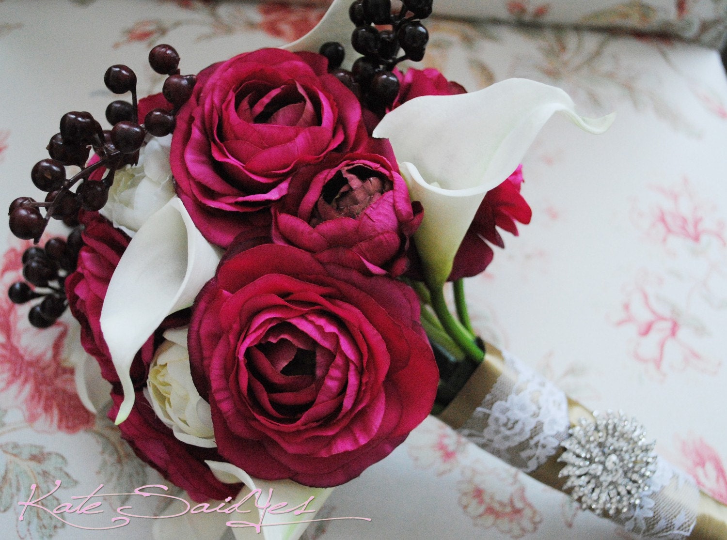 Silk Wedding Bouquet - Fuchsia Ranunculus and Calla Lily  Bridal Bouquet - Rhinestones and Lace