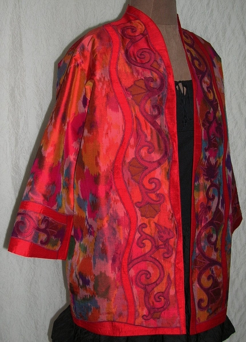 Appliqued Red Ikat Silk Kimono