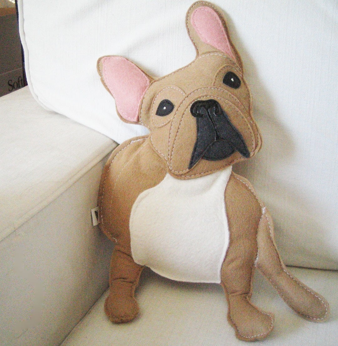 Nuri the French Bulldog Wool Felt Applique Plush Doll Pillow