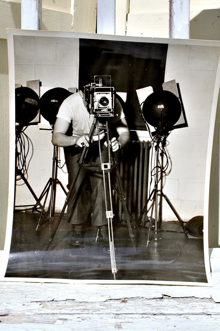 Vintage Pair of Black and White Photos of Man Behind Camera