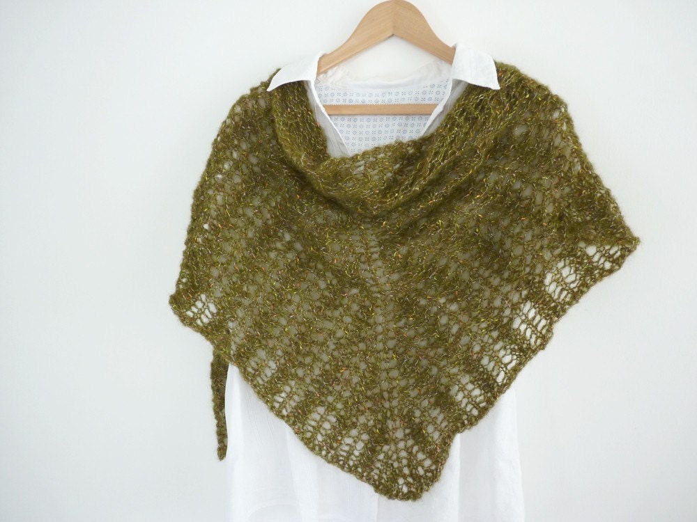Hand knitted lacy shawl in deep moss green mohair