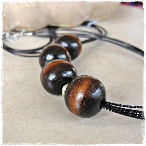 Big Oversized Wooden Bead Necklace on Black Silk Mutli Cord Necklace