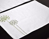 Queen  Ann Embroidered Placemat  - Cream Linen  Placemat with Green Queen Ann Flower Embroidery Set of 4