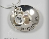 Hand Stamped Personalized Sterling Silver Jewelry Necklace Mommy Baby Pendant with Footprint Charm and Birthstone Accent