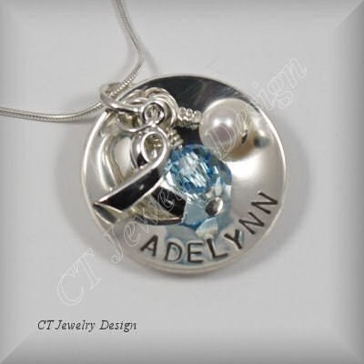Hand Stamped Personalized Sterling Silver Jewelry Necklace Cancer Awareness Pendant with Crystal and Pearl Accents