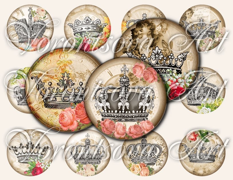 ROYAL ROSE Victorian Crown 1 inch Circle pendant images. Digital Collage Sheet Printable. 811