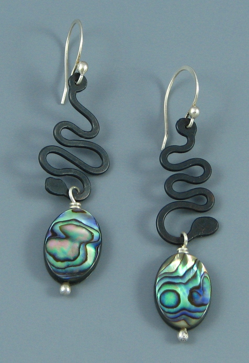 Handmade Abalone and Oxidized Squiggle Earrings